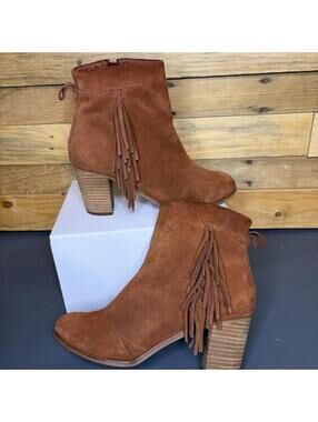 Toms Lunata Womens Boot Size 7 Fringe Block Heel Cognac Brown Suede Boho